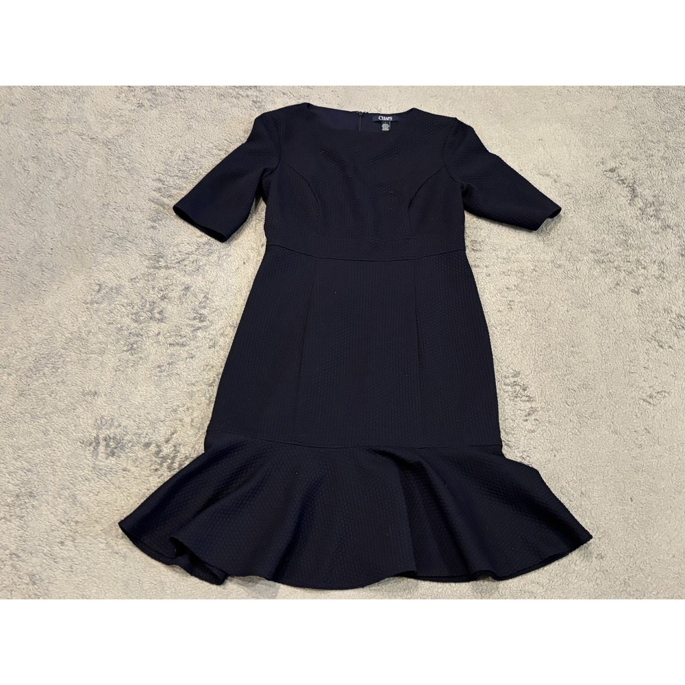 Chaps Short Sleeve Dress Womens 4 Navy Blue Stretch Knit Casual Midi Flare